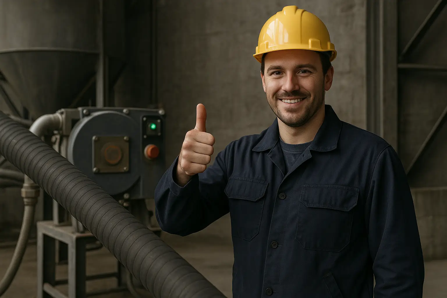 рабочий показывает успешный запуск оборудования возле шланга