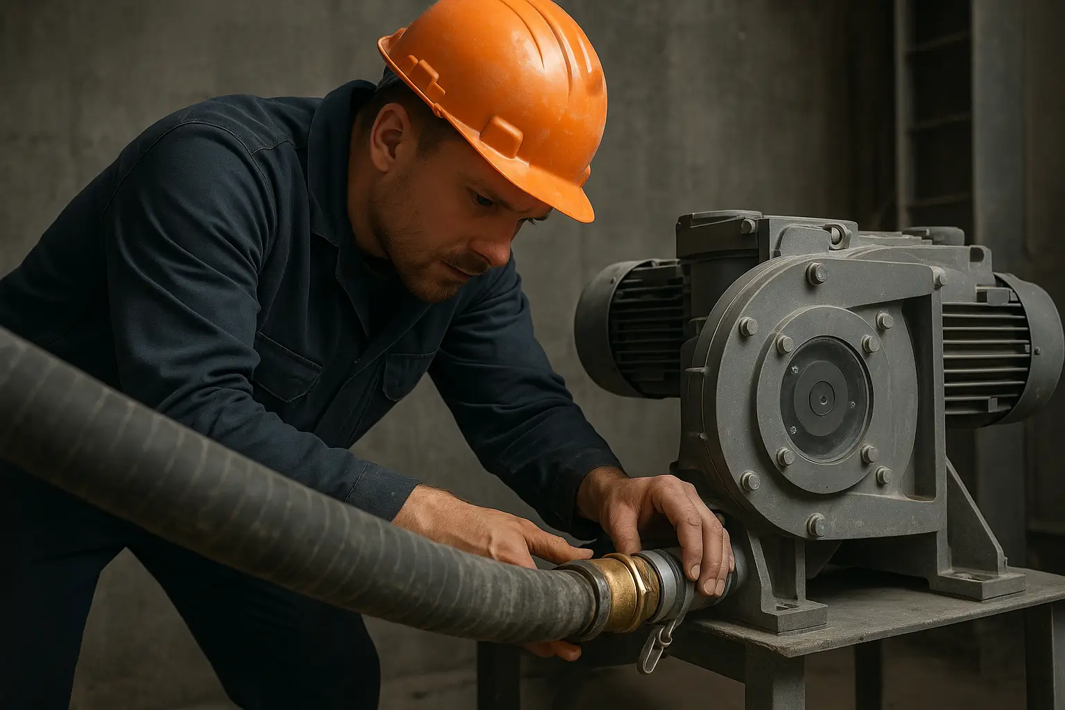 монтажник подключает шланг к перистальтическому насосу