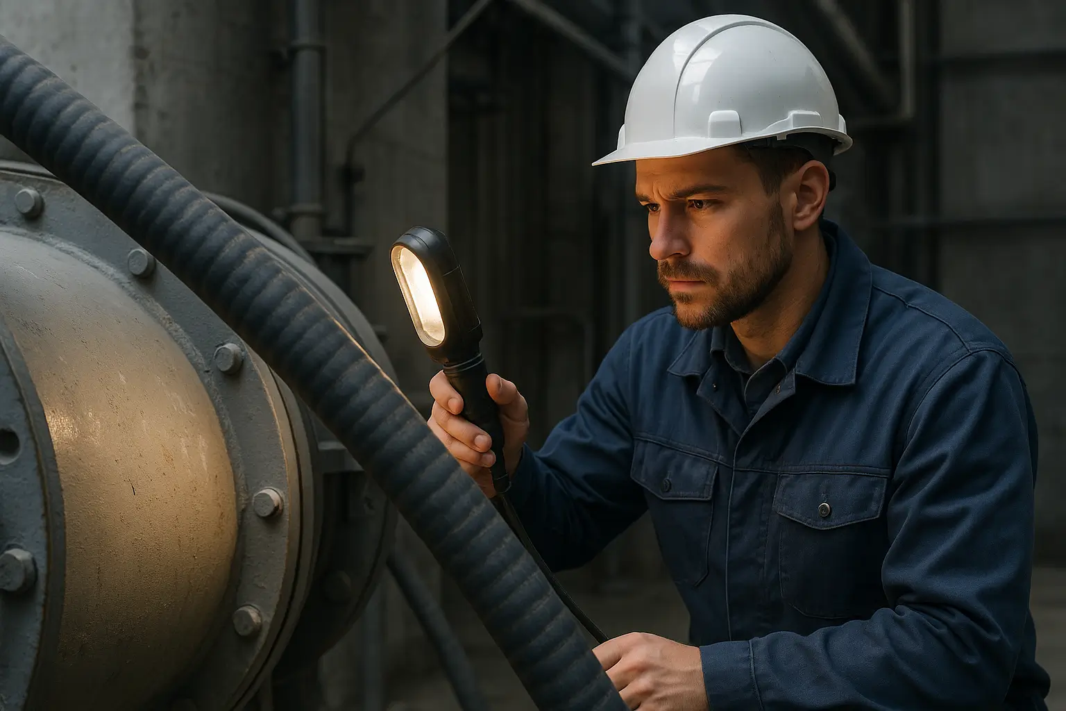 инженер освещает оборудование лампой возле шланга