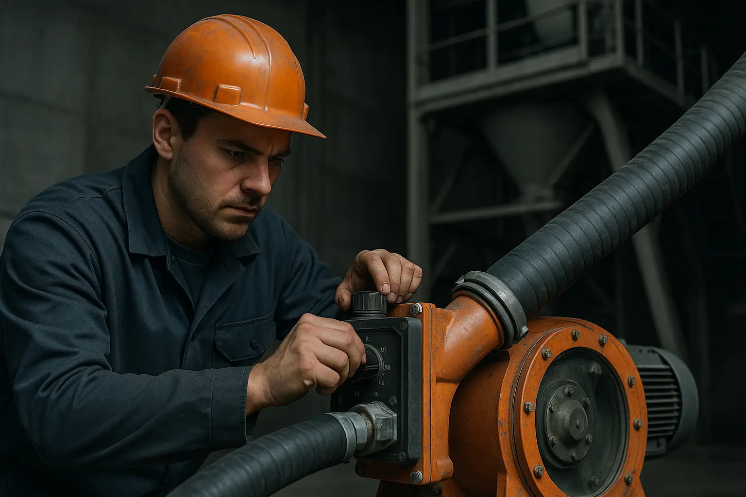 рабочий регулирует подачу смеси рядом со шлангом