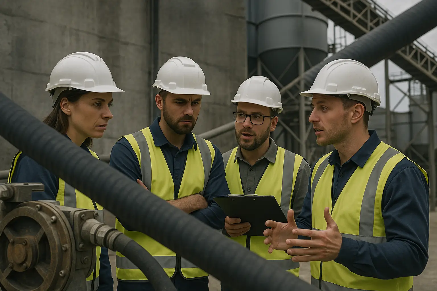 инженеры обсуждают процесс возле насосного оборудования и шланга