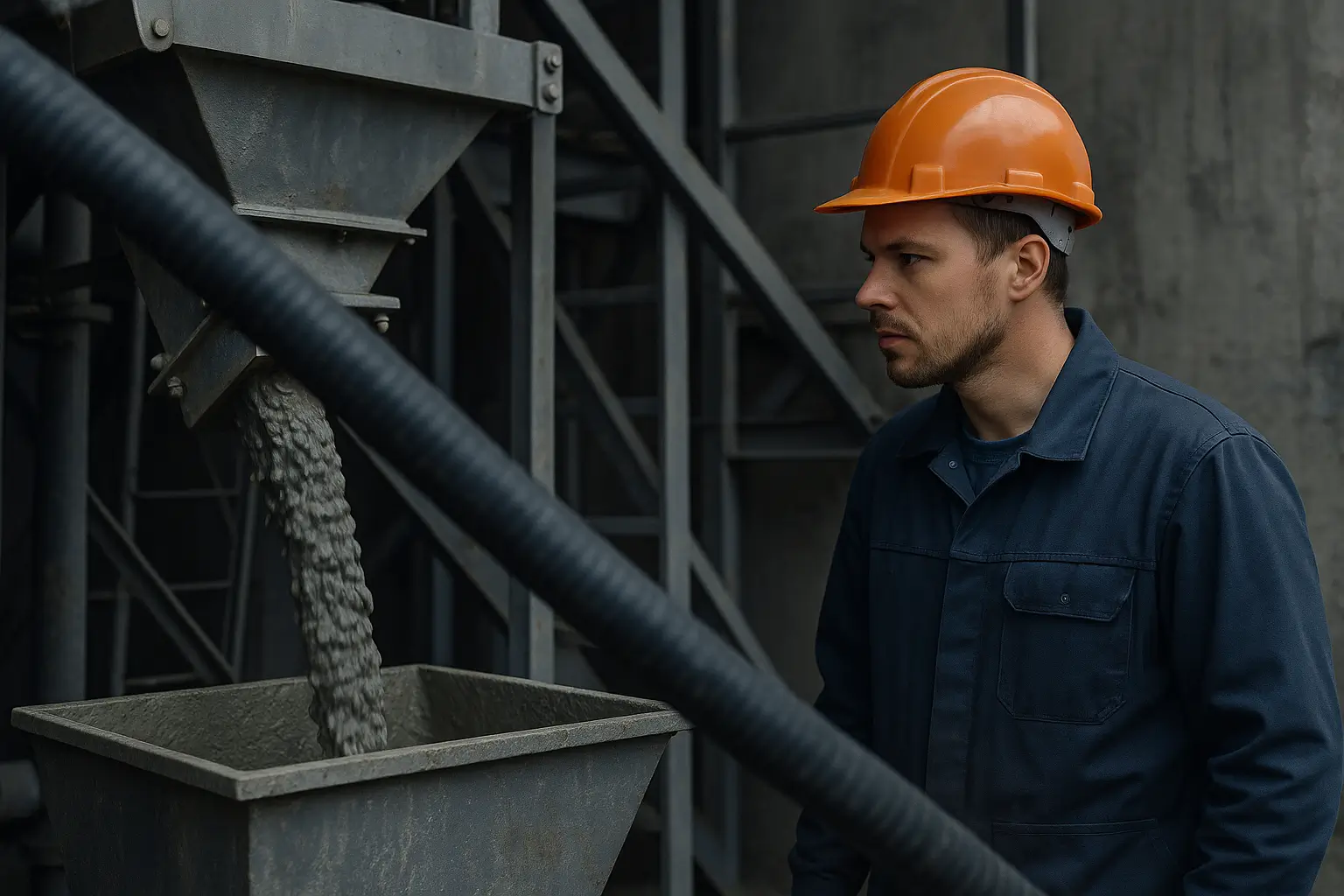 рабочий наблюдает за подачей материала рядом с насосным шлангом