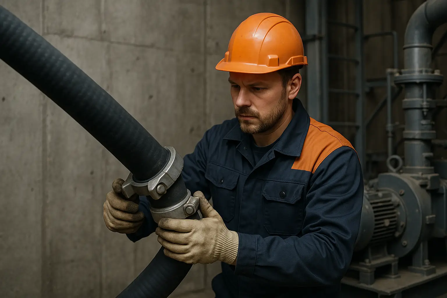 рабочий проверяет соединение насосной линии со шлангом