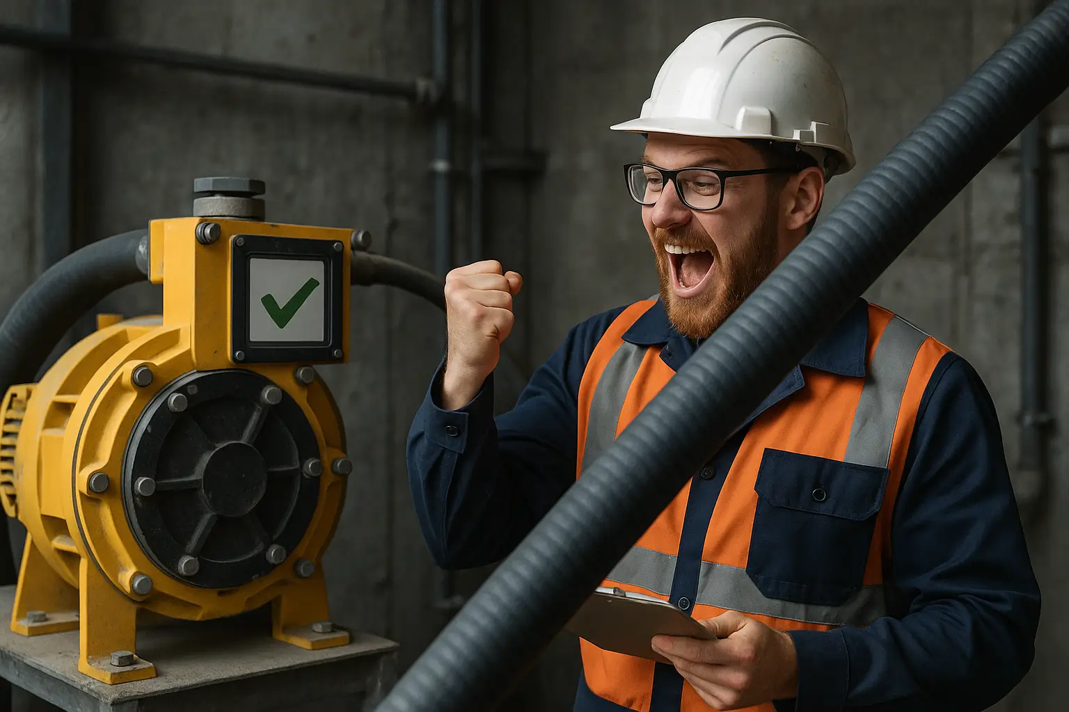 инженер фиксирует успешный тест оборудования возле шланга