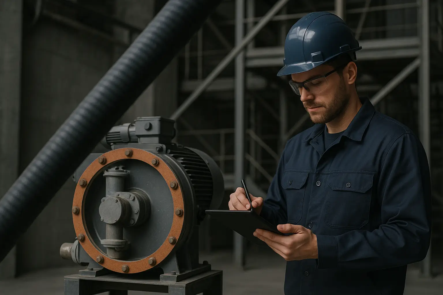 техник с планшетом возле насосного оборудования и шланга