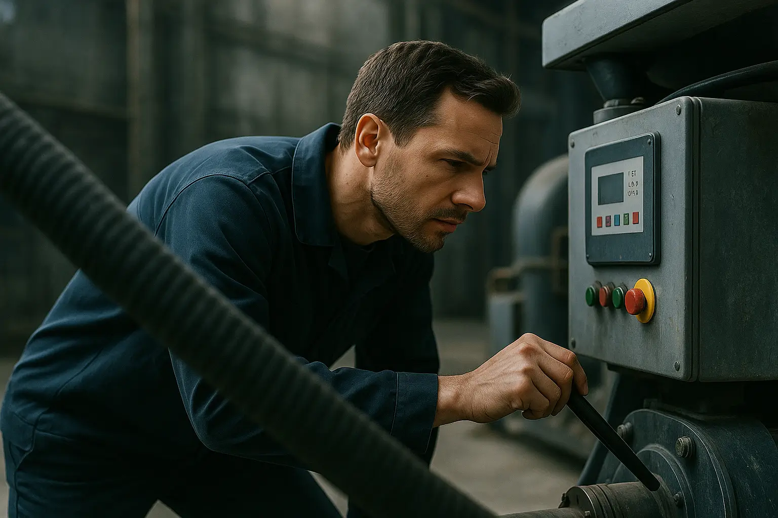 инженер изучает панель управления насосом со шлангом на переднем плане