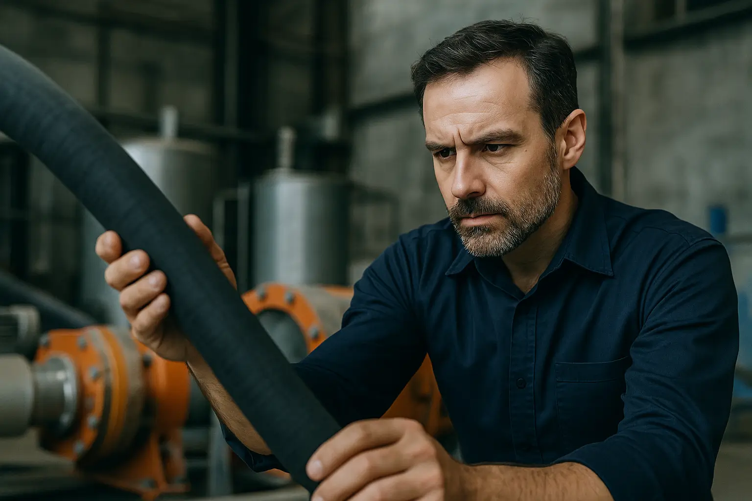 инженер осматривает шланг перистальтического насоса в промышленном цехе