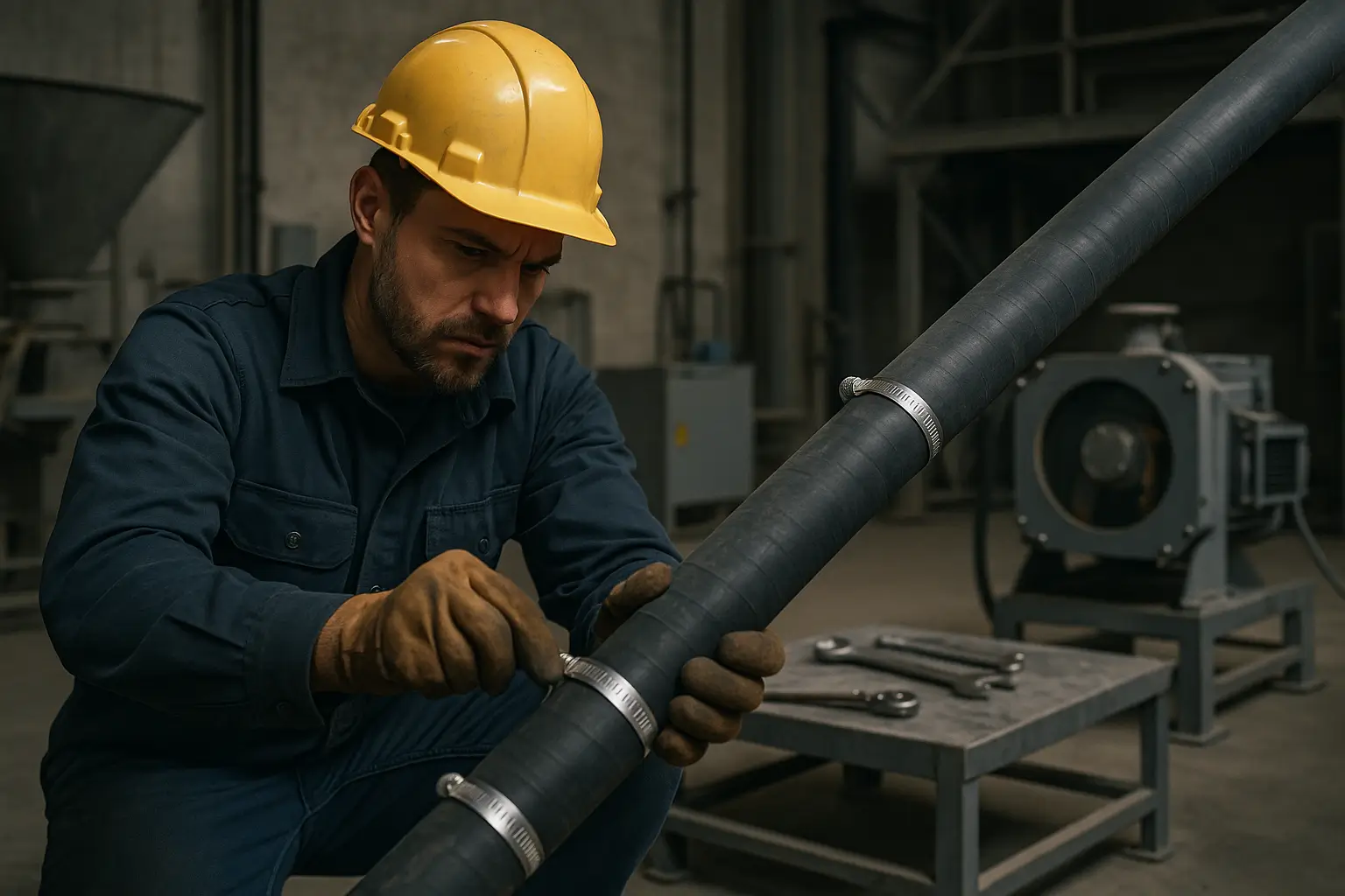 монтажник закрепляет шланг перистальтического насоса