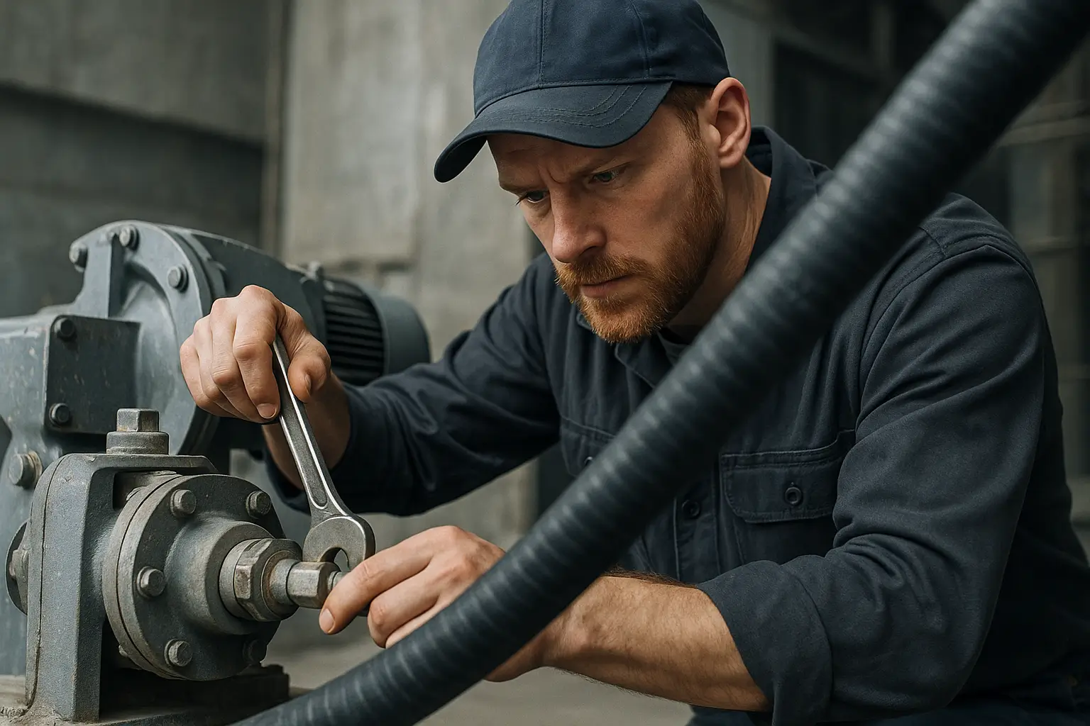 специалист проверяет герметичность соединения рядом с шлангом